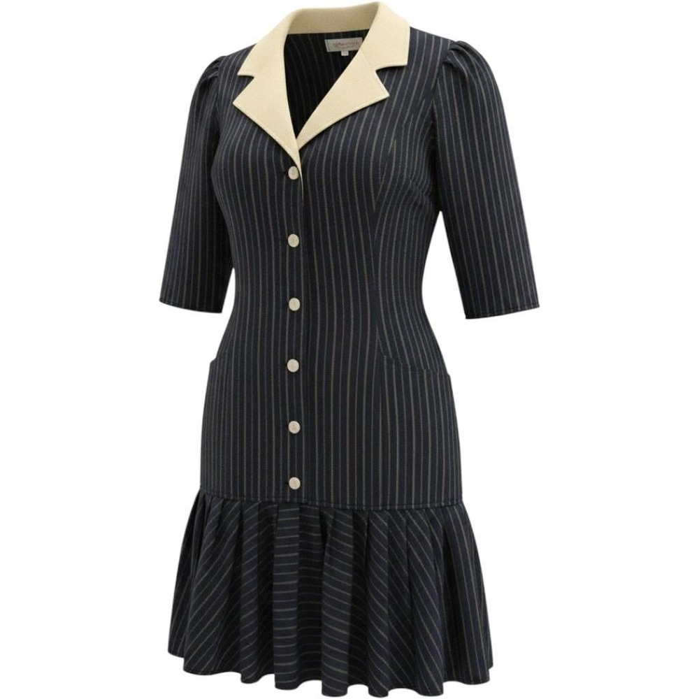 Ungaro Vintage Pinstripe Drop Waist Dress Ruffle Hem Gold Button Women's